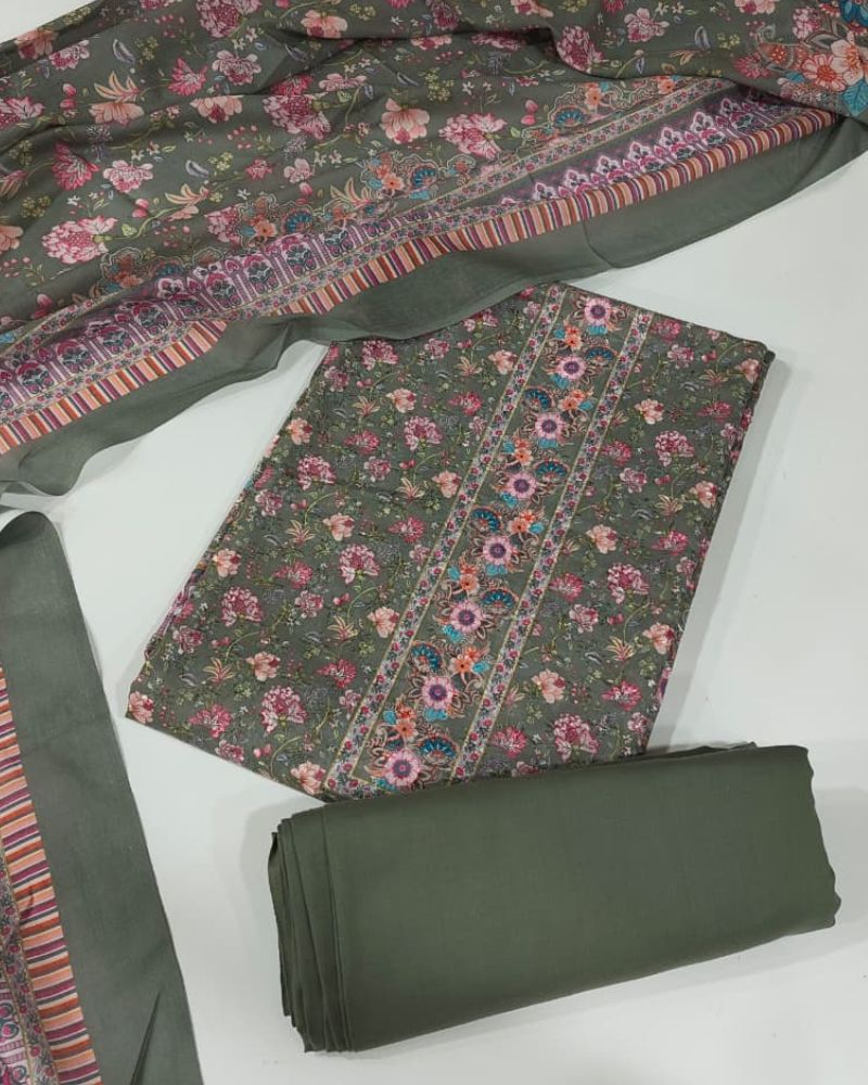 Floral Print Suit with Thread Embroidery- Green
