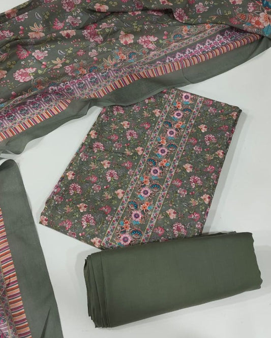 Floral Print Suit with Thread Embroidery- Green