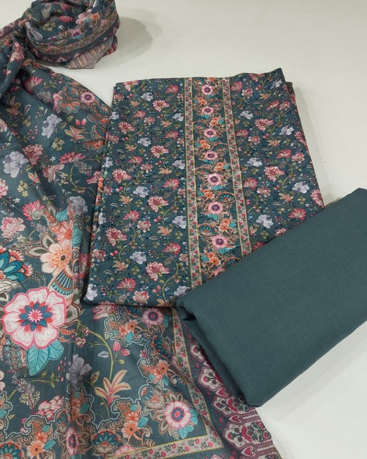 Floral Print Suit with Thread Embroidery- Grey