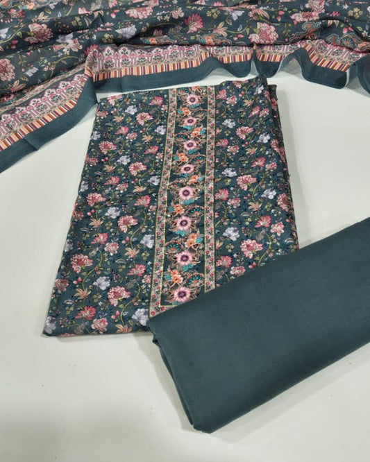 Floral Print Suit with Thread Embroidery- Grey
