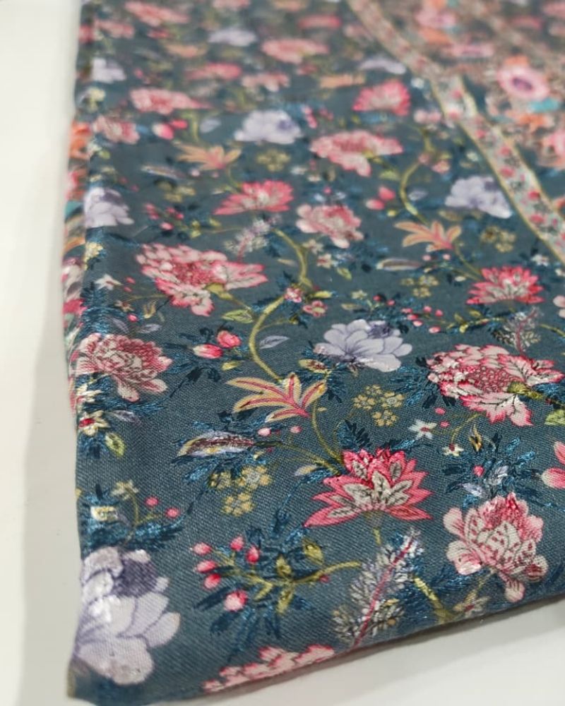 Floral Print Suit with Thread Embroidery- Grey