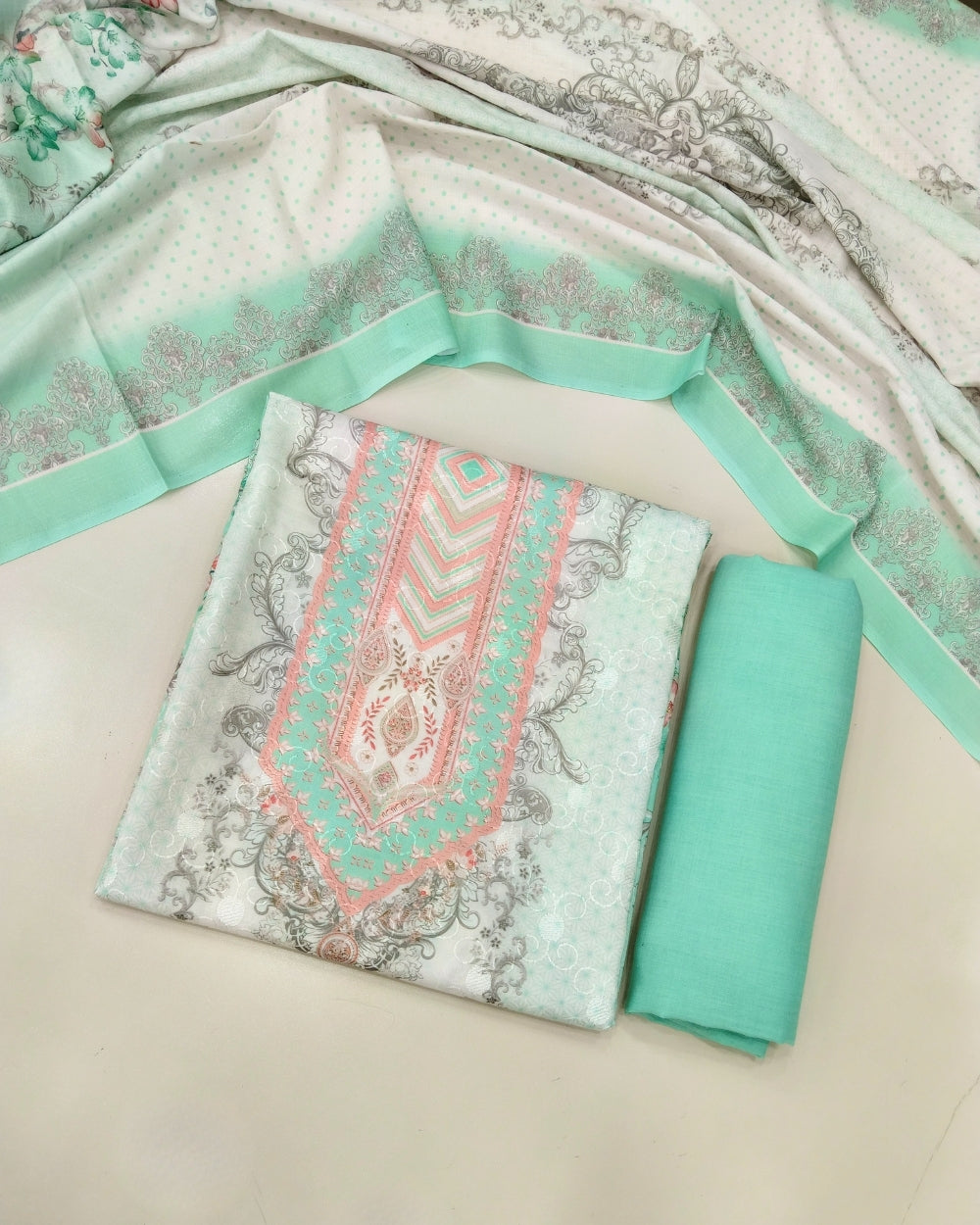 Designer Printed Cotton Unstitched Suit - Green