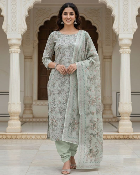 KRITI Women Summer Untitched Suit Floral Design In Light Green Colour