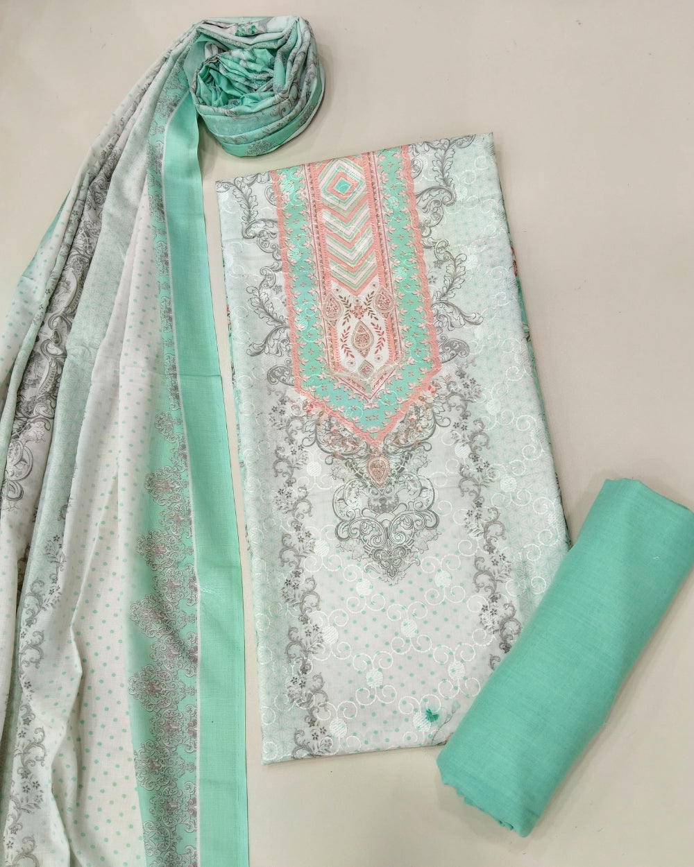 Designer Printed Cotton Unstitched Suit - Green