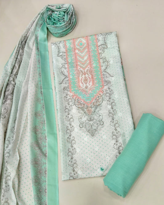 Designer Printed Cotton Unstitched Suit - Green