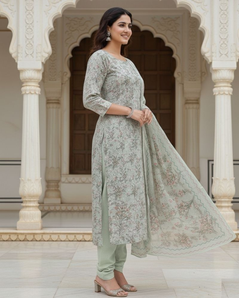 Floral Printed Rayon Cotton 3 Pcs Unstitched Suit Set- Light Green