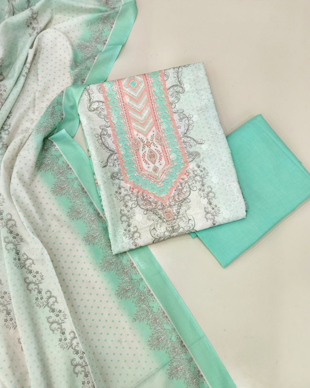 Designer Printed Cotton Unstitched Suit - Green