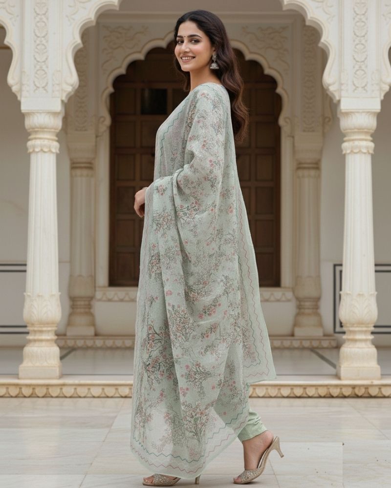 Floral Printed Rayon Cotton 3 Pcs Unstitched Suit Set- Light Green