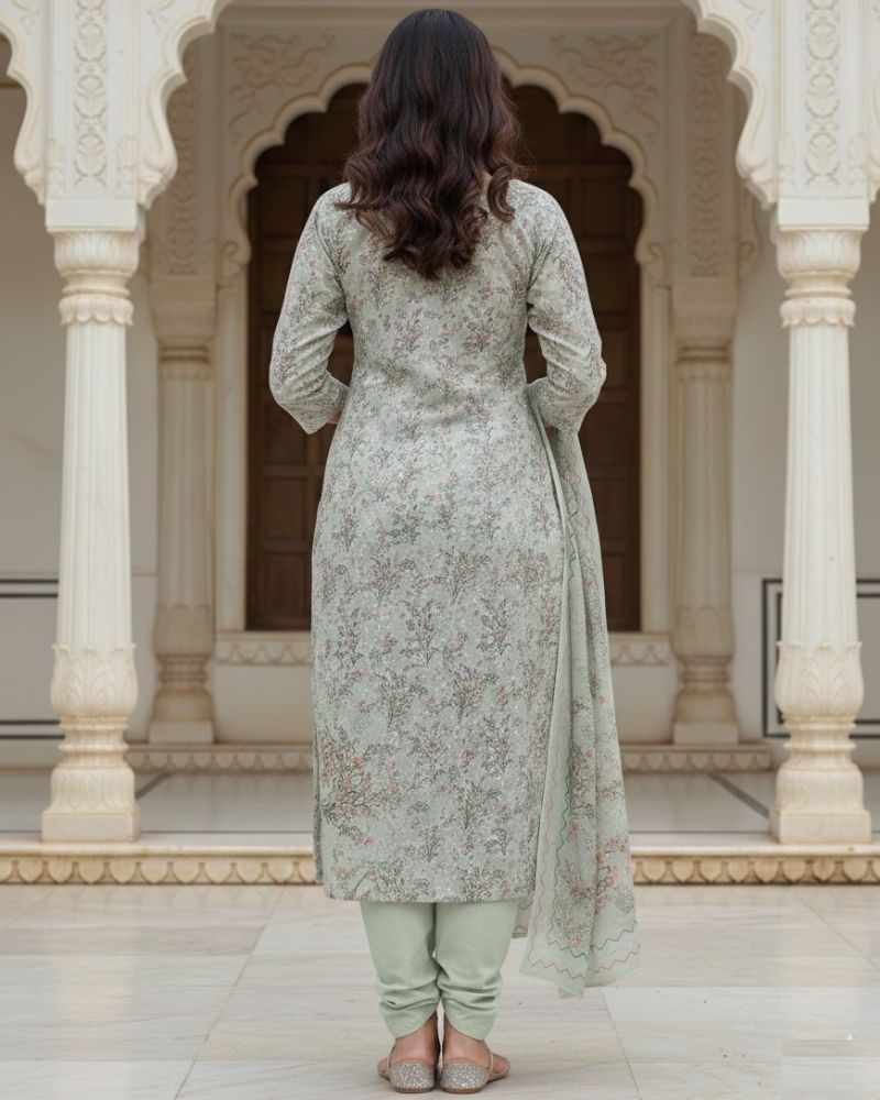 Floral Printed Rayon Cotton 3 Pcs Suit- Light Green
