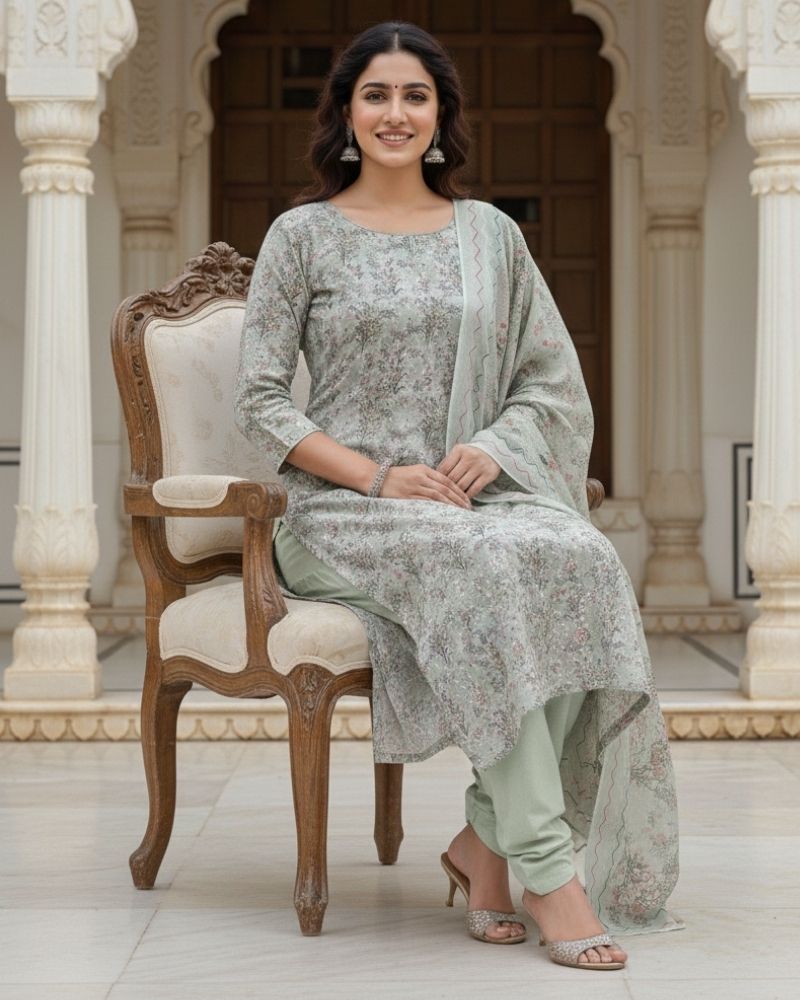 Floral Printed Rayon Cotton 3 Pcs Unstitched Suit Set- Light Green