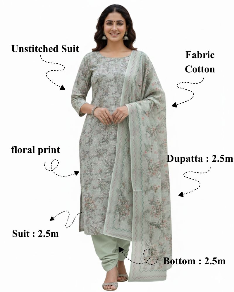 Floral Printed Rayon Cotton 3 Pcs Unstitched Suit Set- Light Green