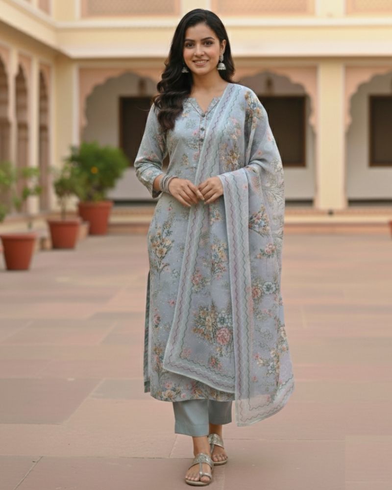 Floral Printed Rayon Cotton 3 Pcs Unstitched Suit Set- Grey