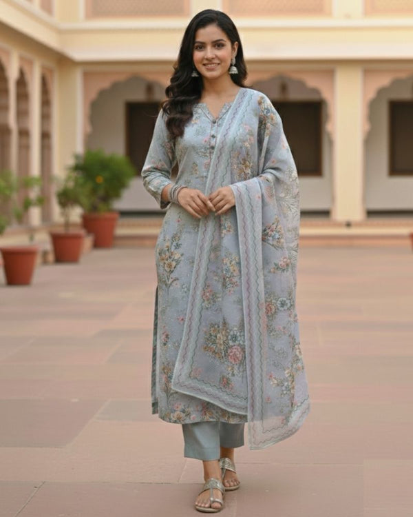 Floral Printed Rayon Cotton 3 Pcs Unstitched Suit Set- Grey
