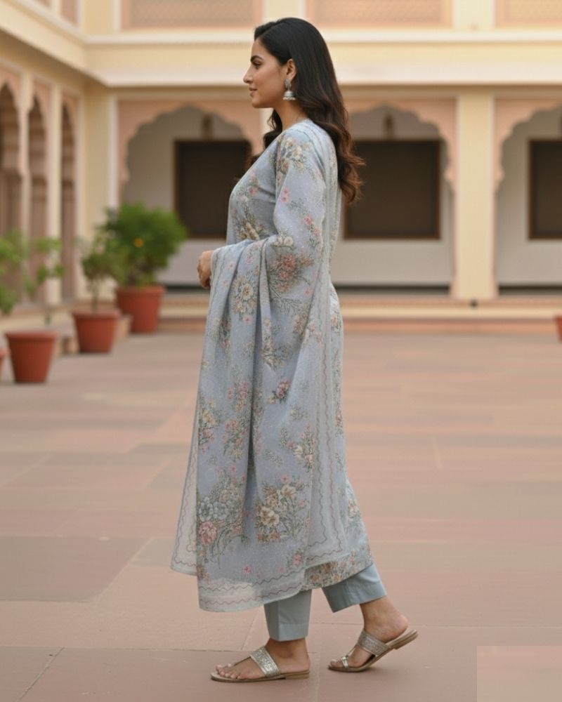 Floral Printed Rayon Cotton 3 Pcs Unstitched Suit Set- Grey