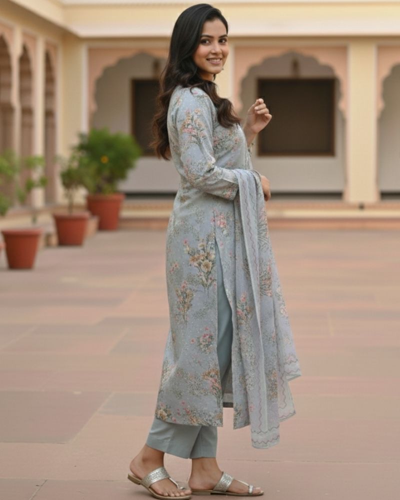 Floral Printed Rayon Cotton 3 Pcs Unstitched Suit Set- Grey