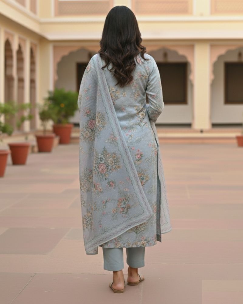 Floral Printed Rayon Cotton 3 Pcs Unstitched Suit Set- Grey