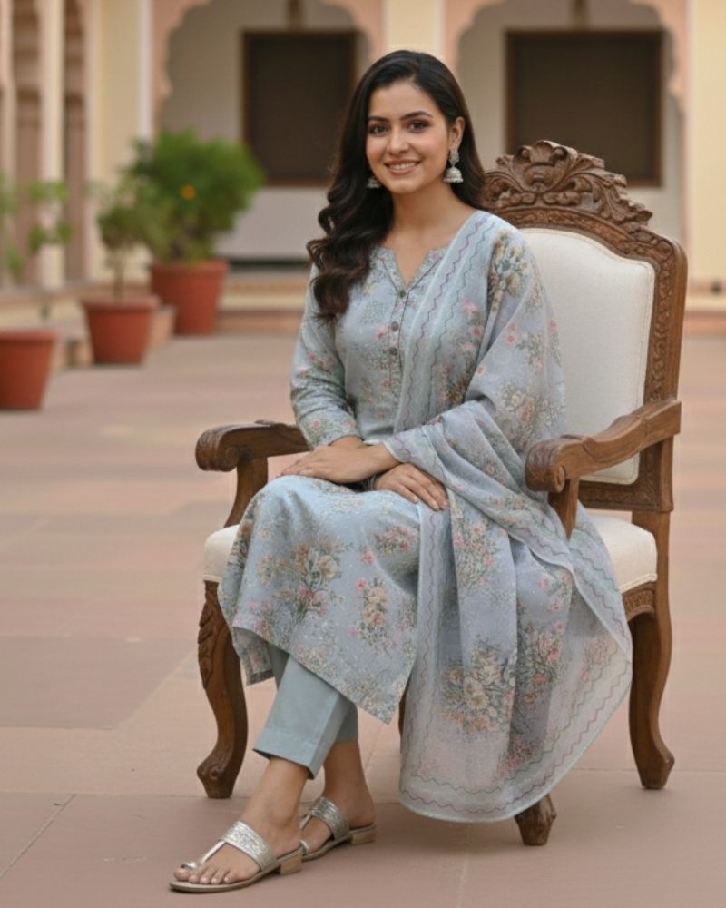 Floral Printed Rayon Cotton 3 Pcs Unstitched Suit Set- Grey