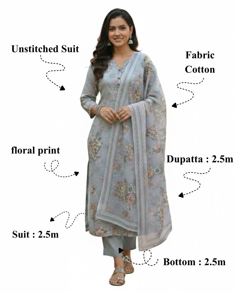 Floral Printed Rayon Cotton 3 Pcs Unstitched Suit Set- Grey