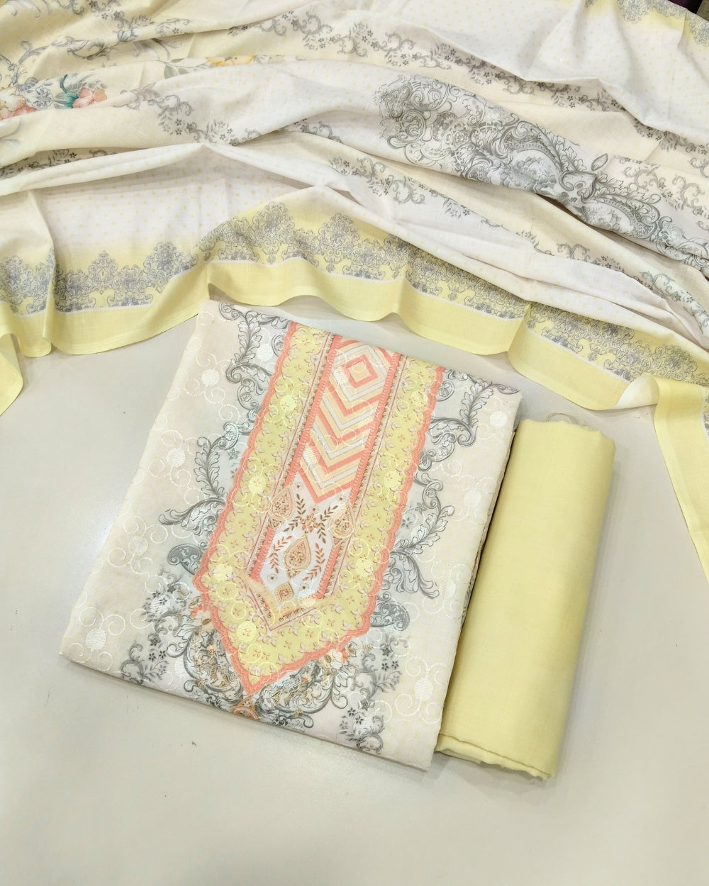 Designer Printed Cotton Unstitched Suit - Lemon