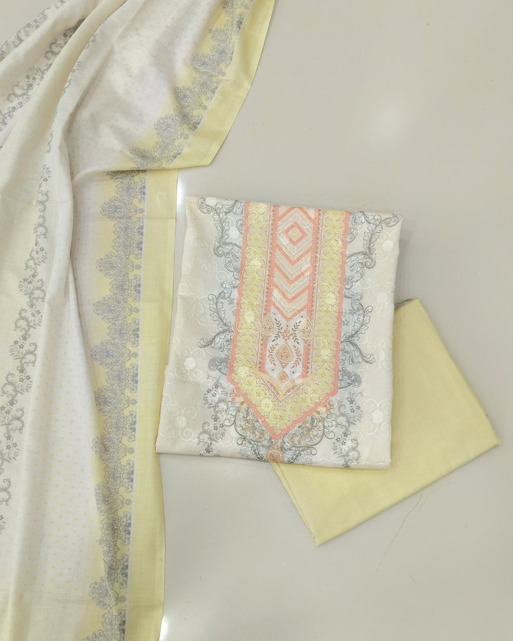 Designer Printed Cotton Unstitched Suit - Lemon
