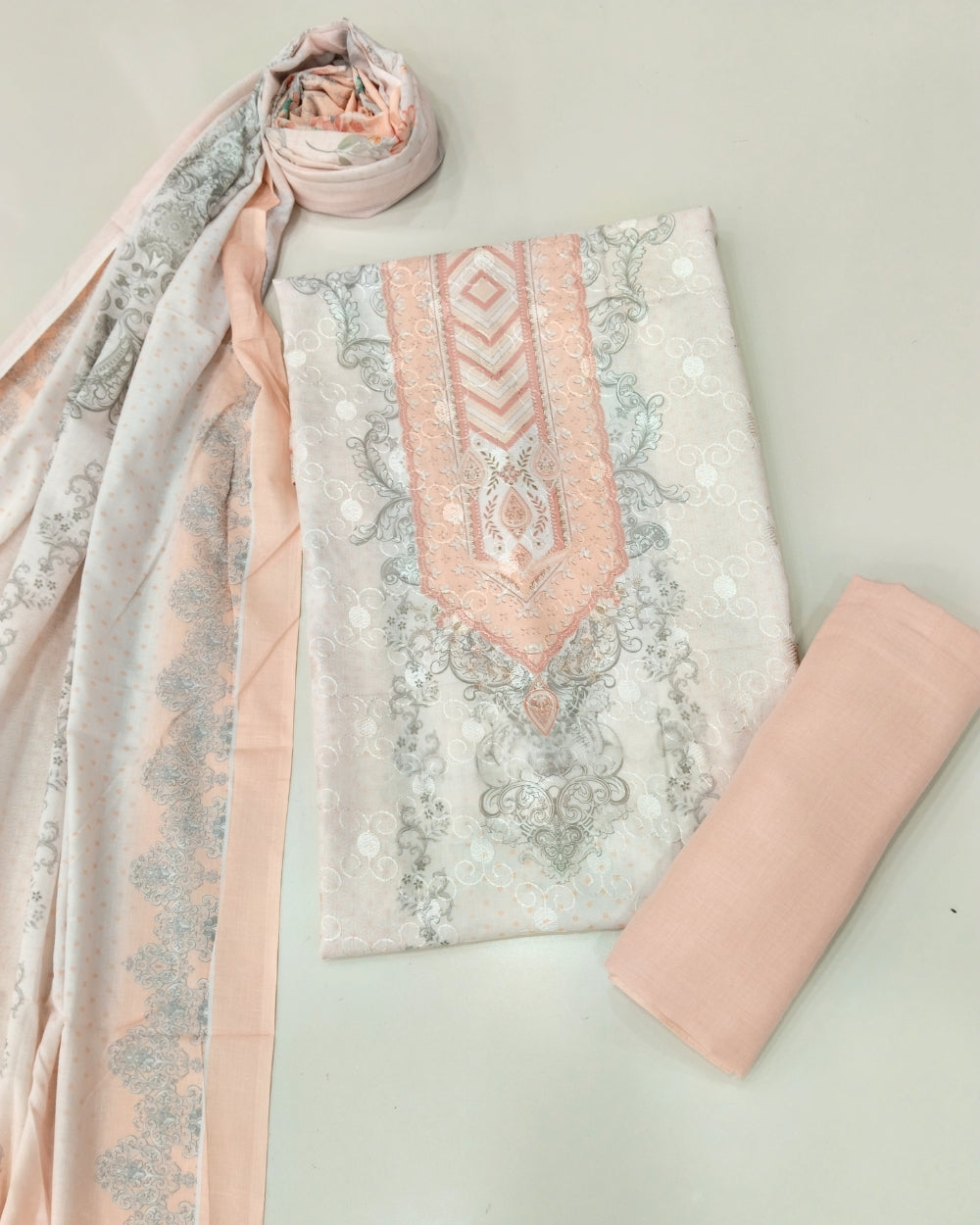 Designer Printed Cotton Unstitched Suit - Peach