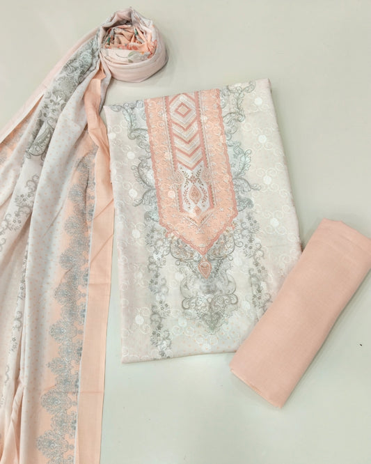 Designer Printed Cotton Unstitched Suit - Peach