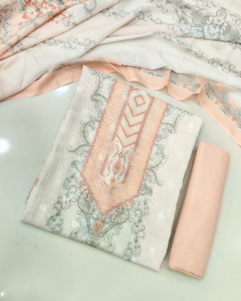 Designer Printed Cotton Unstitched Suit - Peach