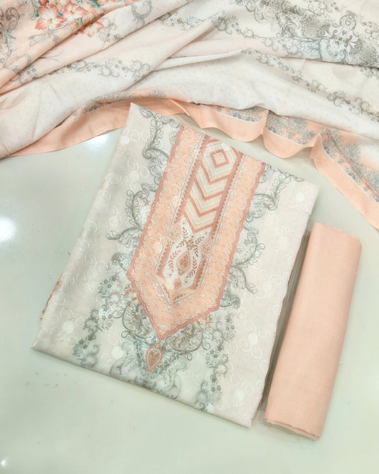 Designer Printed Cotton Unstitched Suit - Peach