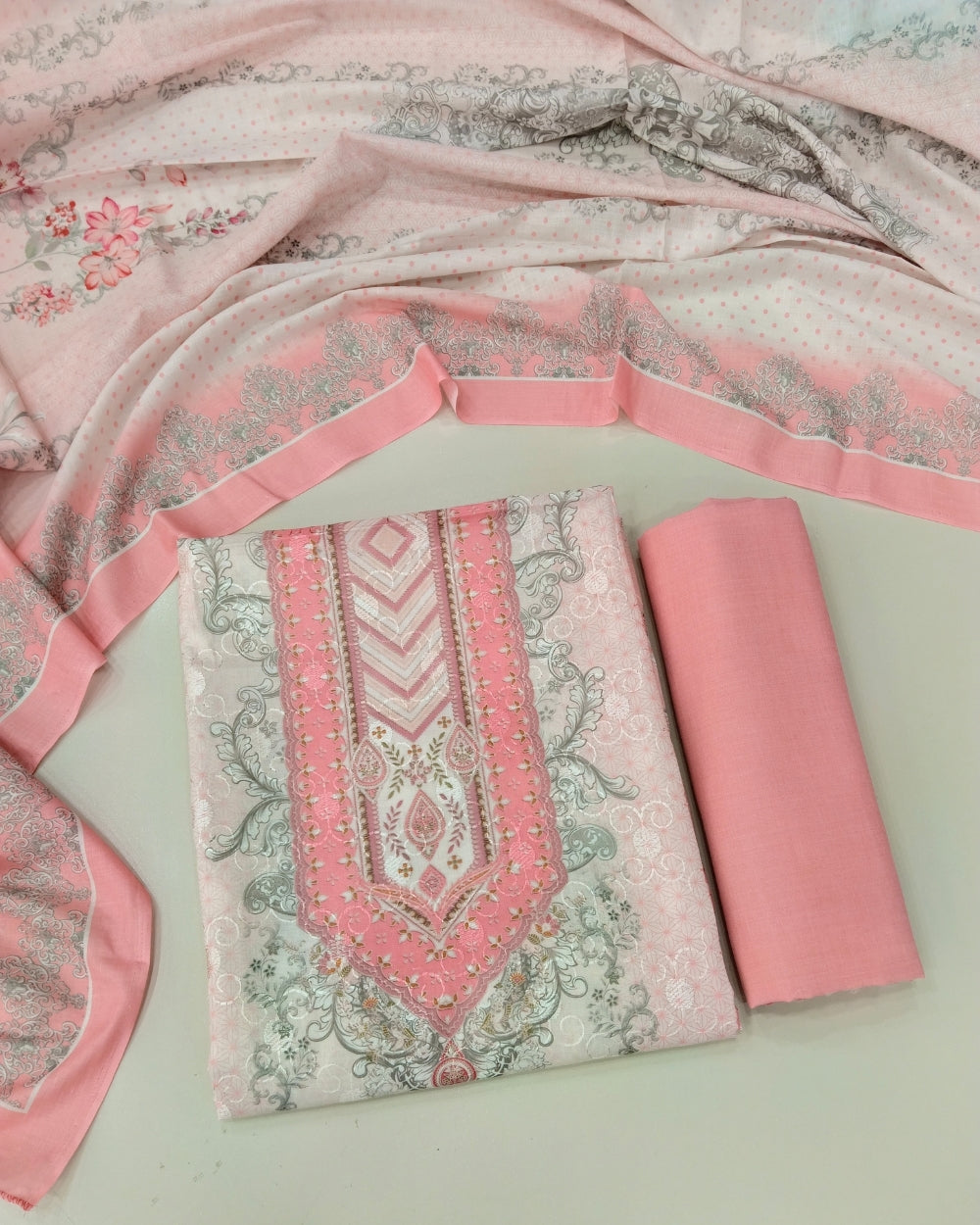 Designer Printed Cotton Unstitched Suit - Pink