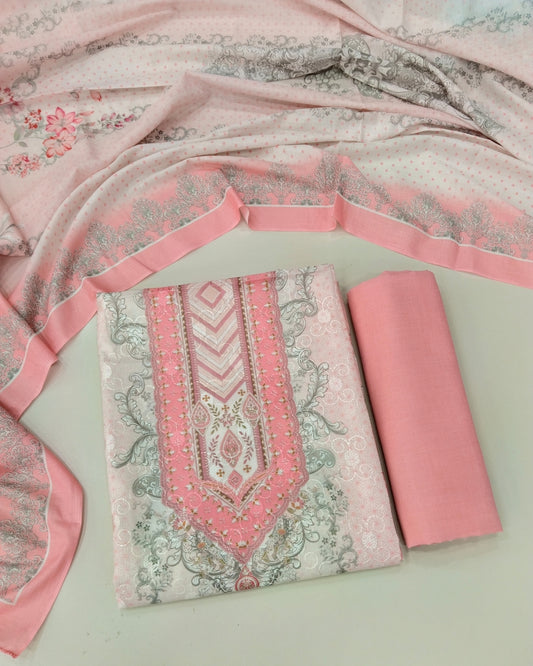 Designer Printed Cotton Unstitched Suit - Pink