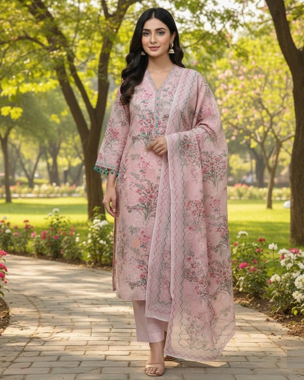 Floral Printed Rayon Cotton 3 Pcs Unstitched Suit Set- Pink