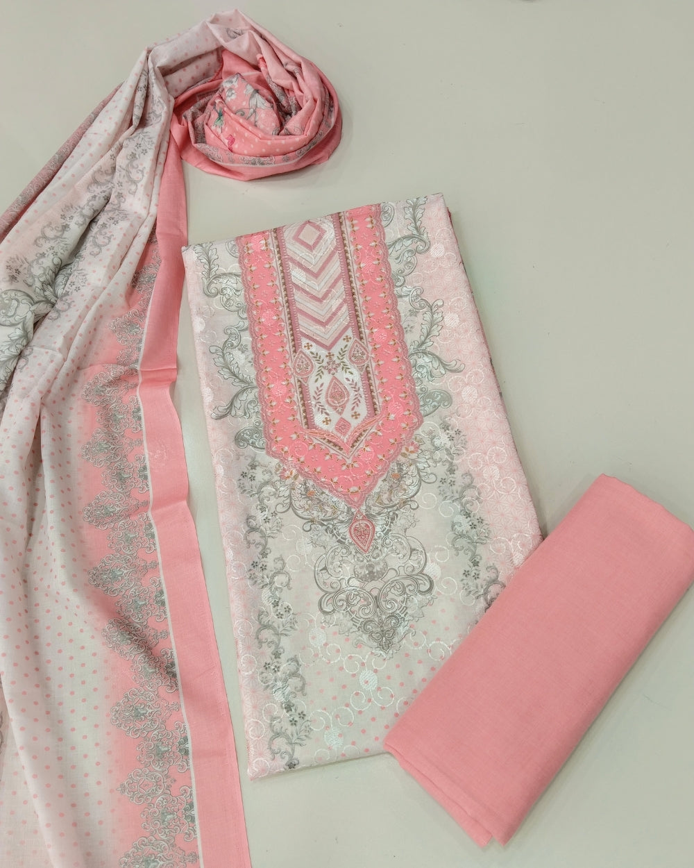 Designer Printed Cotton Unstitched Suit - Pink