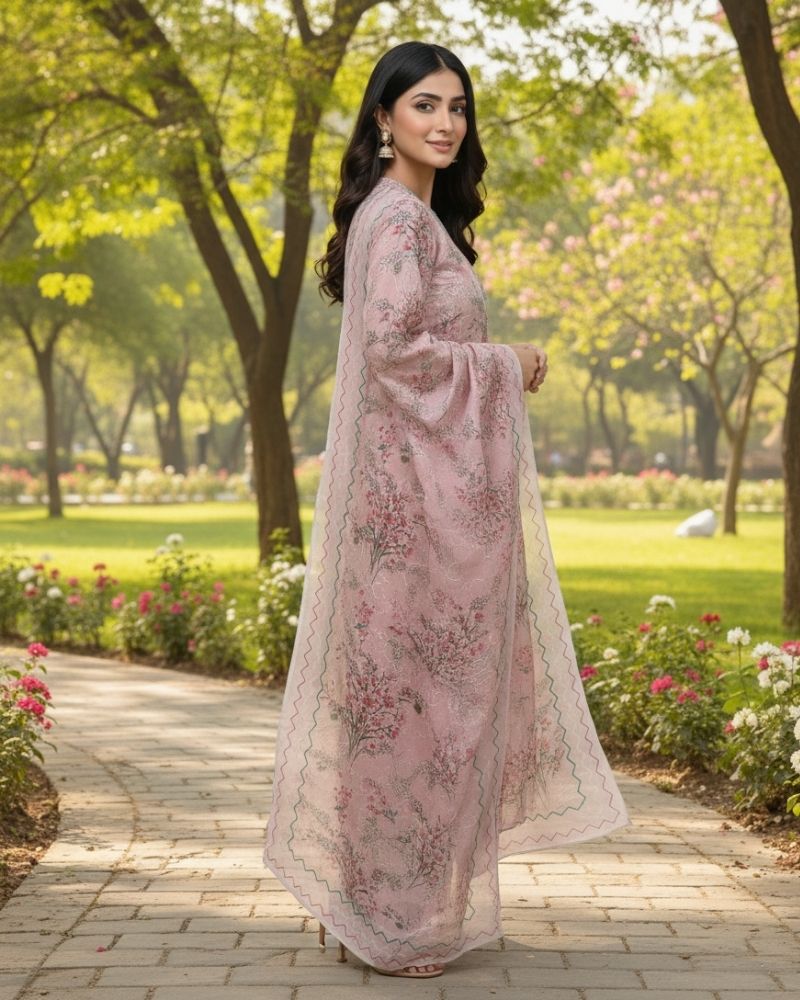 Floral Printed Rayon Cotton 3 Pcs Unstitched Suit Set- Pink
