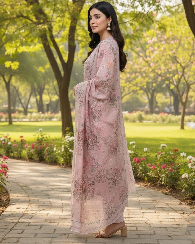 Floral Printed Rayon Cotton 3 Pcs Unstitched Suit Set- Pink