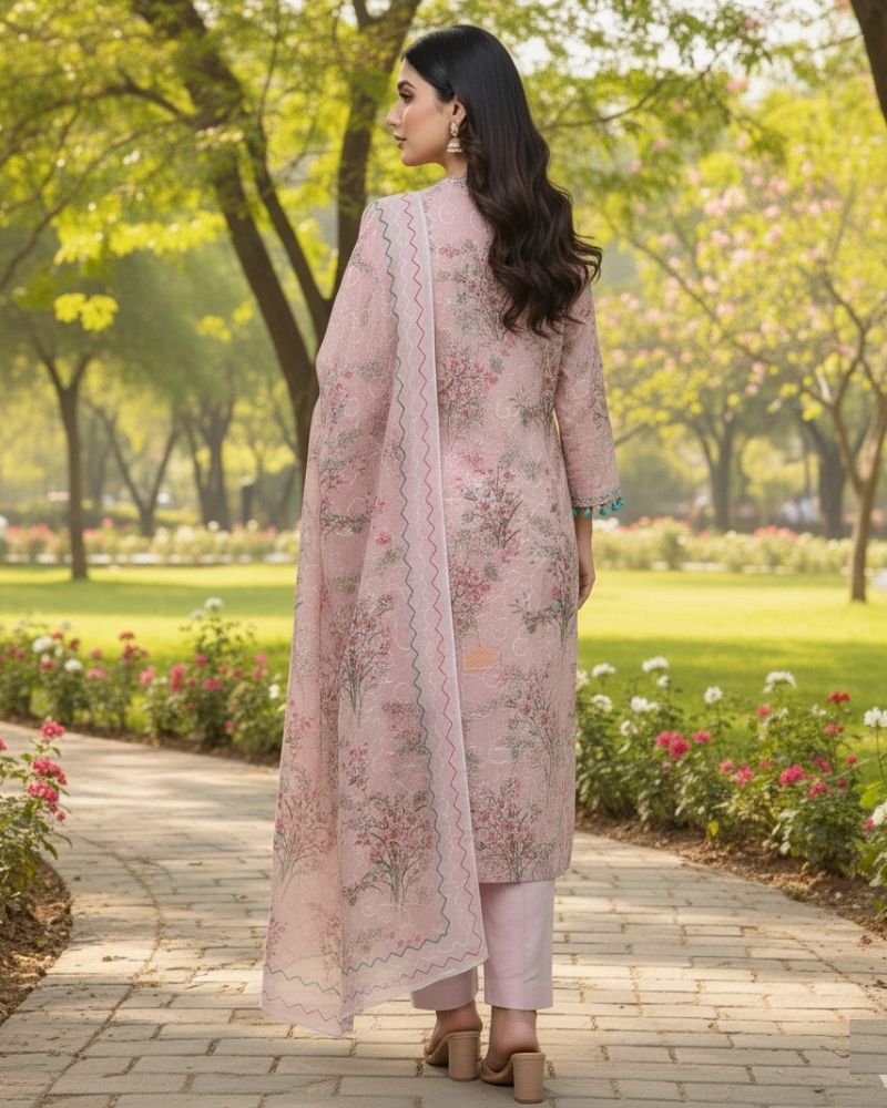 Floral Printed Rayon Cotton 3 Pcs Unstitched Suit Set- Pink