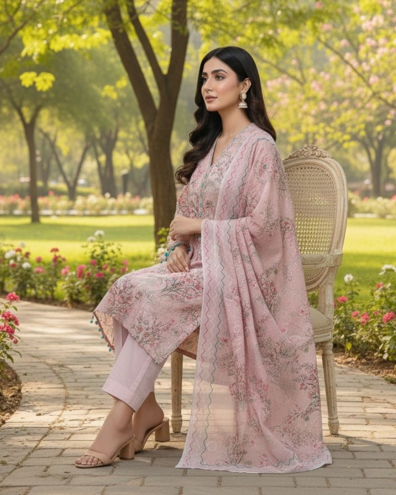 Floral Printed Rayon Cotton 3 Pcs Unstitched Suit Set- Pink