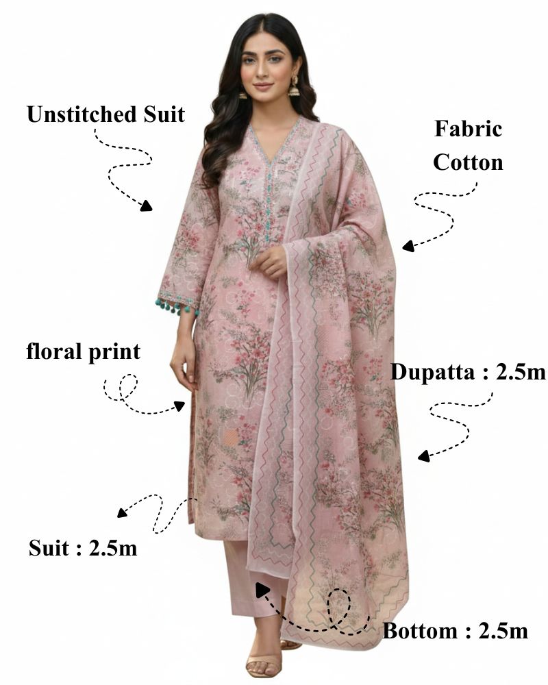 Floral Printed Rayon Cotton 3 Pcs Unstitched Suit Set- Pink
