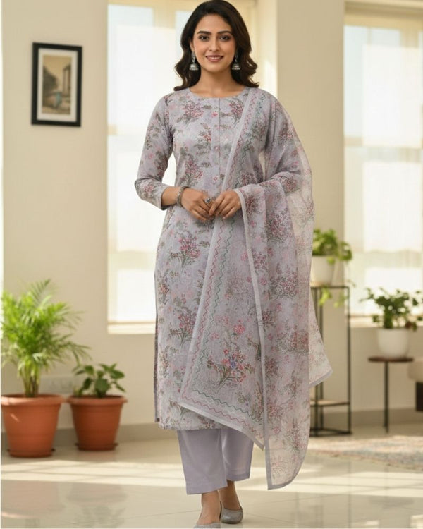 Floral Printed Rayon Cotton 3 Pcs Unstitched Suit Set- Lavender