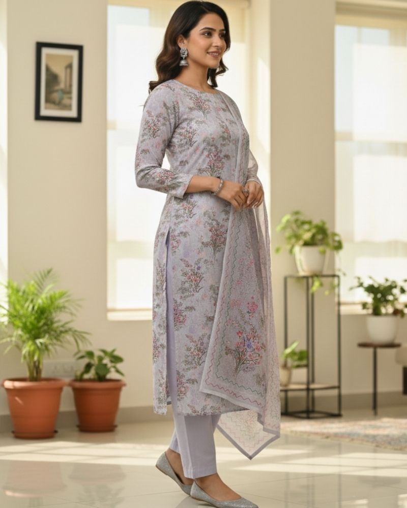 Floral Printed Rayon Cotton 3 Pcs Unstitched Suit Set- Lavender