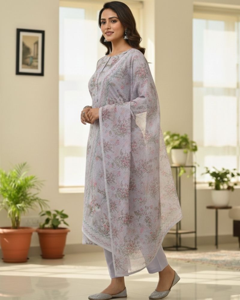 Floral Printed Rayon Cotton 3 Pcs Unstitched Suit Set- Lavender