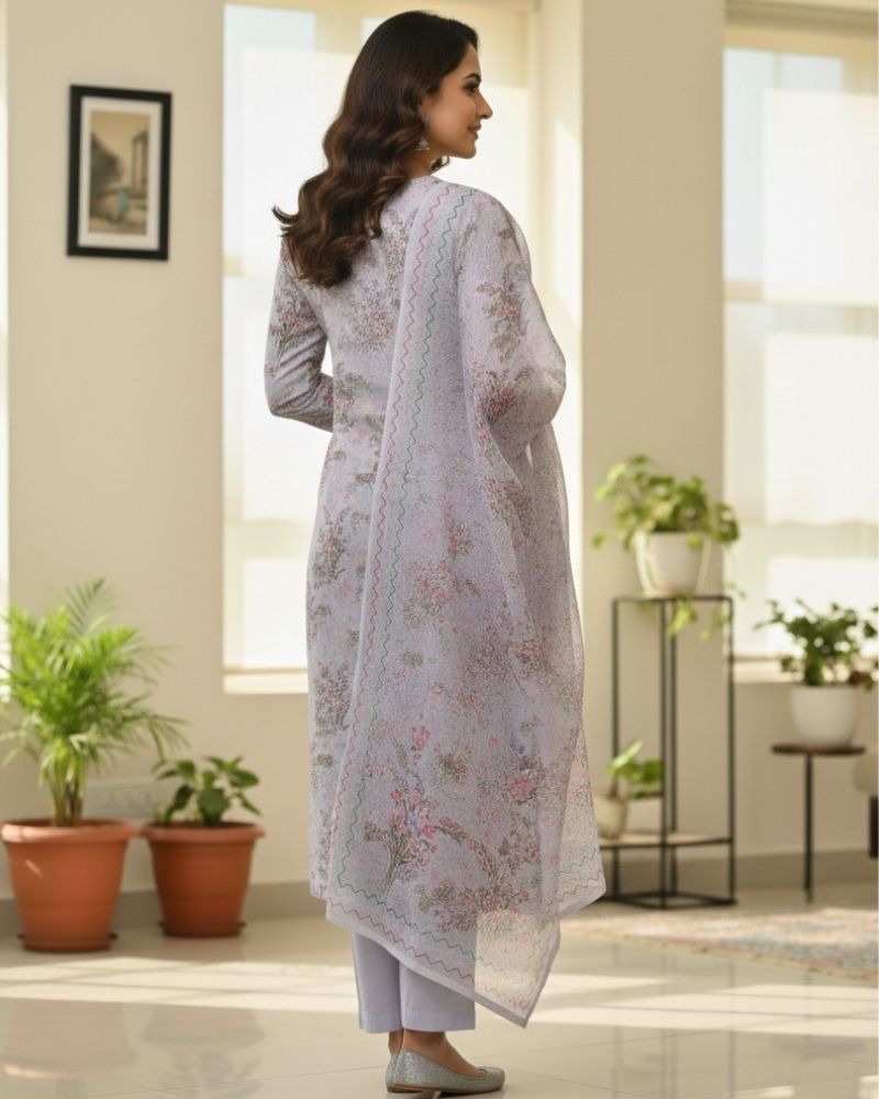 Floral Printed Rayon Cotton 3 Pcs Unstitched Suit Set- Lavender