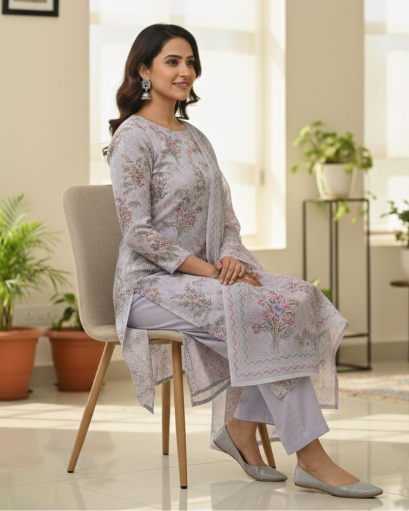 Floral Printed Rayon Cotton 3 Pcs Unstitched Suit Set- Lavender