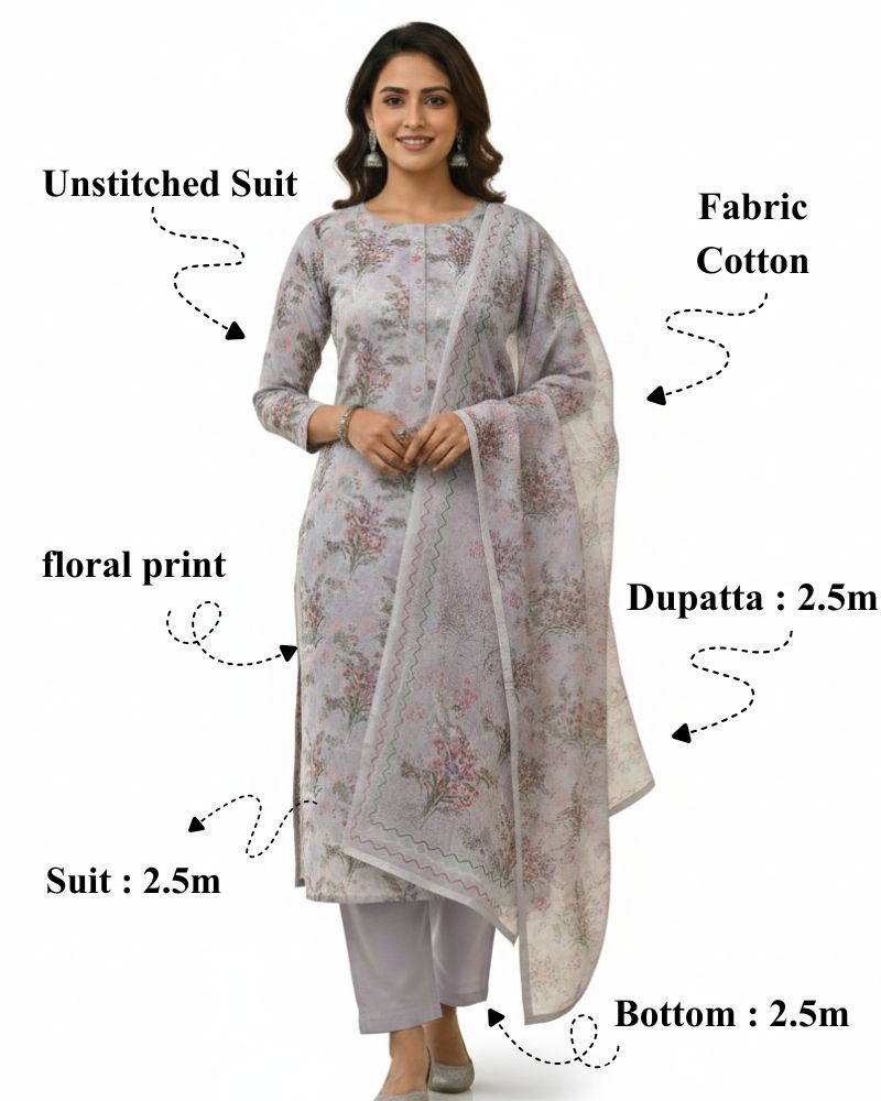 Floral Printed Rayon Cotton 3 Pcs Unstitched Suit Set- Lavender