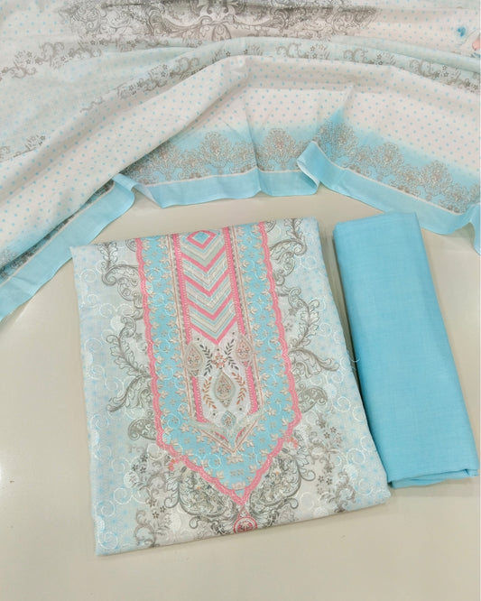 Designer Printed Cotton Unstitched Suit - Sky Blue