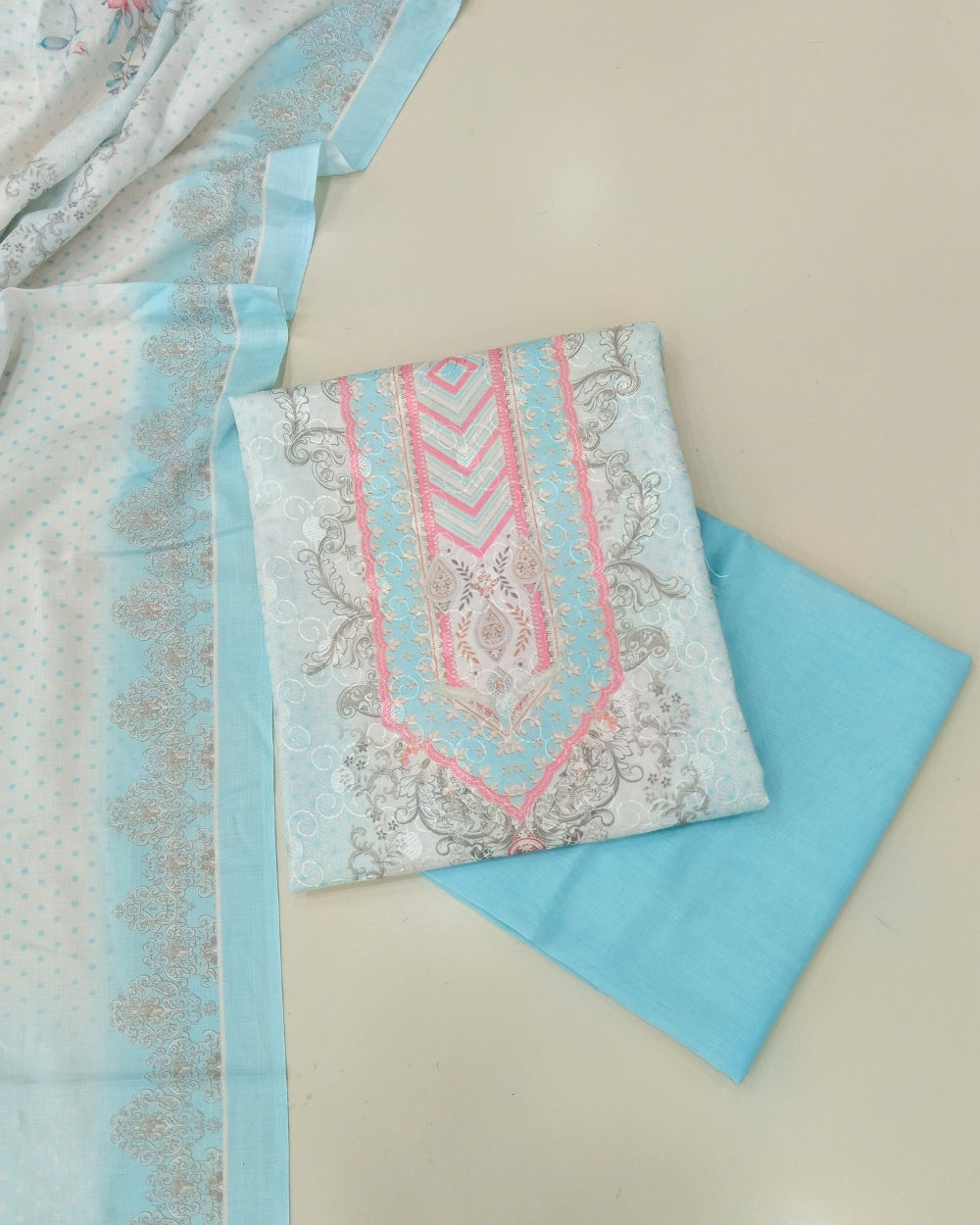 Designer Printed Cotton Unstitched Suit - Sky Blue