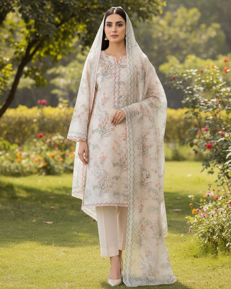 Floral Printed Rayon Cotton 3 Pcs Unstitched Suit Set- Cream