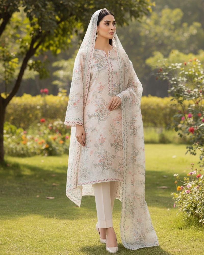 Floral Printed Rayon Cotton 3 Pcs Unstitched Suit Set- Cream