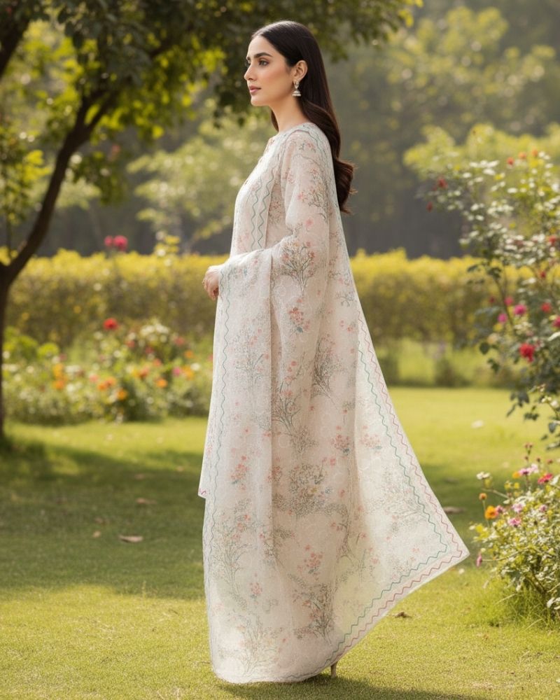 Floral Printed Rayon Cotton 3 Pcs Unstitched Suit Set- Cream