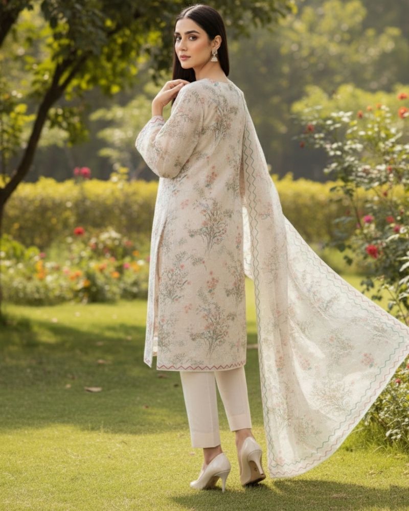 Floral Printed Rayon Cotton 3 Pcs Unstitched Suit Set- Cream