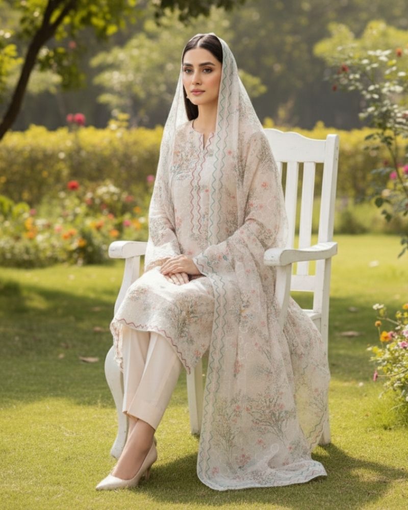 Floral Printed Rayon Cotton 3 Pcs Unstitched Suit Set- Cream